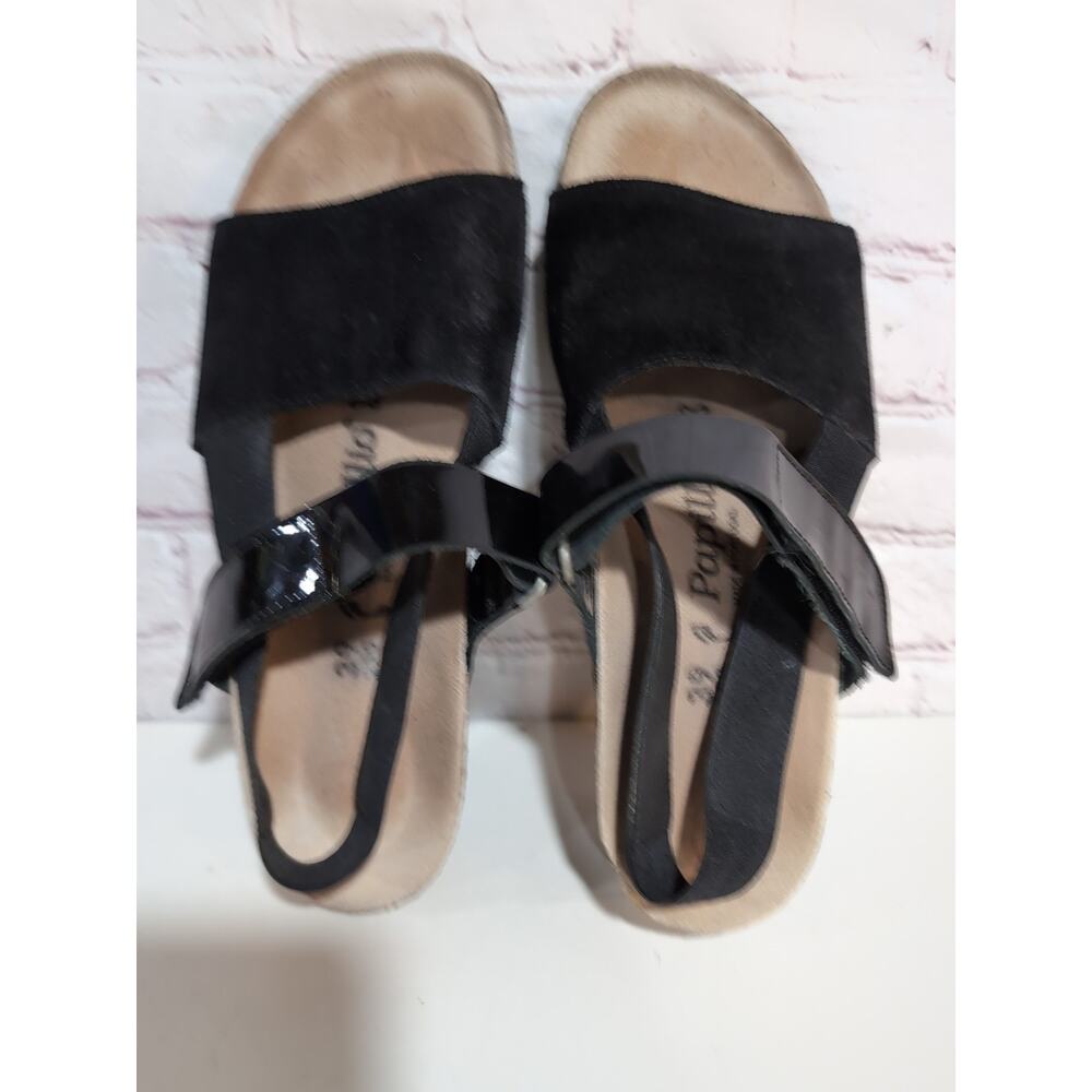 Papillio Birkenstock Linda Platform Wedge 8-8.5 Sandal Black Patent Suede Boho - Picture 2 of 12